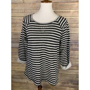 Anne Klein Large Striped French Terry Shirt Silver Collar Detail Raw Hem